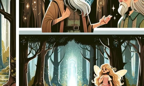 Une illustration destinée aux enfants représentant un homme mystérieux, une jeune fille aux cheveux d'or en larmes, une forêt dense et mystérieuse aux arbres centenaires et une clairière enchantée illuminée par un portail de lumière.