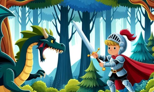 Une illustration destinée aux enfants représentant un jeune chevalier courageux affrontant un dragon féroce pour sauver une princesse captive, dans une forêt enchantée aux arbres majestueux et aux couleurs chatoyantes.