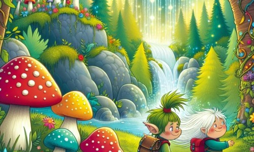 Une illustration destinée aux enfants représentant un jeune troll garçon perdu dans une forêt enchantée, accompagné d'une petite fille humaine, évoluant dans un royaume magique rempli de champignons géants, de fleurs multicolores et de cascades scintillantes.