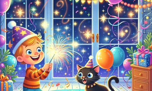 Une illustration destinée aux enfants représentant un garçon plein d'énergie et d'imagination, vivant une soirée de réveillon du Nouvel An pleine de magie et de fête en compagnie d'un chat espiègle, dans une maison brillamment décorée de guirlandes colorées et de ballons scintillants.