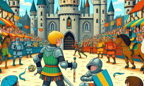 Une illustration destinée aux enfants représentant un jeune chevalier courageux se préparant pour un tournoi de chevalerie légendaire, accompagné d'un elfe blessé, dans une grande cité médiévale ornée de hautes tours, de bannières colorées et de spectateurs enthousiastes.