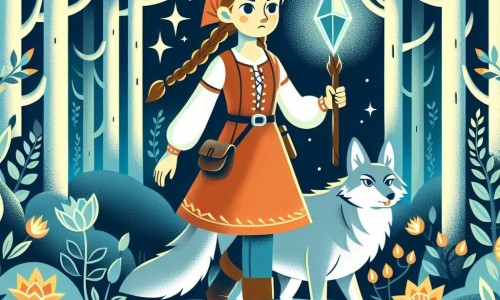 Une illustration destinée aux enfants représentant une fille courageuse explorant une forêt enchantée aux arbres gigantesques et aux fleurs lumineuses, accompagnée d'un loup loyal, dans une quête pour retrouver une Étoile de Cristal volée par un sorcier maléfique.