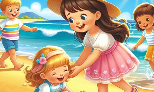 Une illustration destinée aux enfants représentant une fillette joyeuse jouant avec des amis sur une plage ensoleillée, où elle vient en aide à une petite fille en détresse.