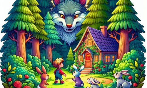 Une illustration destinée aux enfants représentant un petit garçon malicieux confronté au grand méchant loup, avec une famille de lapins reconnaissants, dans une petite maison au cœur de la forêt, entourée d'arbres majestueux et de buissons mystérieux.