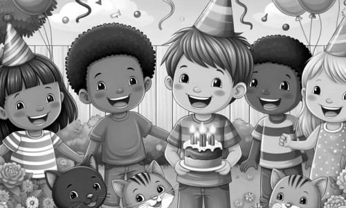 Une illustration destinée aux enfants représentant un petit garçon rayonnant de bonheur lors de sa fête d'anniversaire, entouré de ses amis, d'un chaton joueur et de ballons colorés dans un jardin ensoleillé et fleuri.