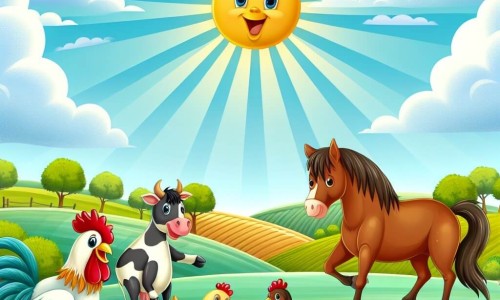 Une illustration destinée aux enfants représentant un coq fier et courageux, une vache triste, un cheval fatigué et des poules inspirées, dans une ferme paisible entourée d'un vaste champ verdoyant sous le soleil radieux.