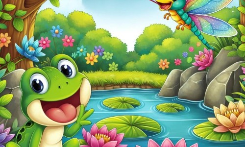 Une illustration destinée aux enfants représentant une grenouille joyeuse et bavarde, accompagnée d'une libellule brillante, dans une mare cachée au cœur de la forêt, avec des nénuphars multicolores et des oiseaux chantant gaiement.