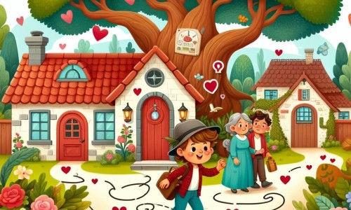Une illustration destinée aux enfants représentant un garçon curieux suivant des indices mystérieux pour la Saint-Valentin, accompagné de sa famille aimante, dans une petite maison au toit de tuiles rouges avec un jardin enchanteur et un vieux chêne majestueux.