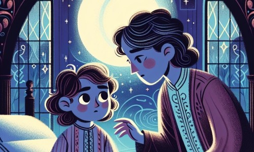 Une illustration destinée aux enfants représentant une fillette aux boucles brunes confrontée à sa peur du noir, accompagnée de sa maman rassurante, dans une chambre baignée de clarté lunaire et de mystère.