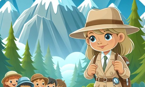 Une illustration destinée aux enfants représentant une archéologue intrépide, vêtue d'une combinaison beige et d'un chapeau de paille, en train d'explorer une forêt mystérieuse entourée de montagnes majestueuses, accompagnée d'un groupe d'enfants curieux et enthousiastes.