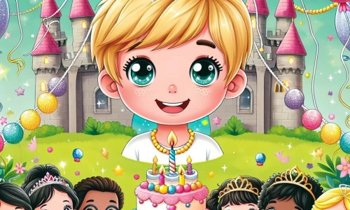 Une illustration destinée aux enfants représentant un petit garçon aux yeux pétillants, entouré de ses amis, célébrant son anniversaire dans un jardin enchanté rempli de ballons colorés, de guirlandes scintillantes et d'un gâteau en forme de château de princesse.