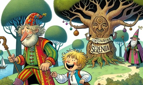Une illustration destinée aux enfants représentant un petit garçon aux cheveux blonds en bataille, accompagné d'un magicien farceur vêtu de guenilles colorées, évoluant dans la forêt enchantée de Sérénia où se trouve un ancien chêne centenaire.