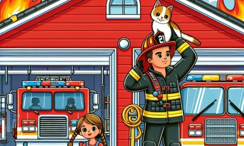 Une illustration destinée aux enfants représentant un homme pompier courageux en train de sauver un chaton sur le toit d'une maison en feu, accompagné d'une petite fille aux tresses, dans une caserne de pompiers rouge vif avec des camions brillants et une grande échelle.