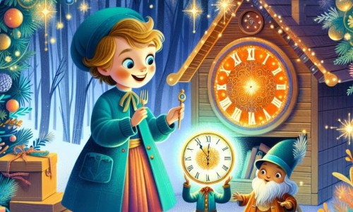 Une illustration destinée aux enfants représentant une fillette impatiente de célébrer le réveillon du nouvel an, aidée par un petit bonhomme gardien du temps, dans une maison décorée de guirlandes scintillantes et d'une horloge mystérieuse brillant d'une lueur magique.