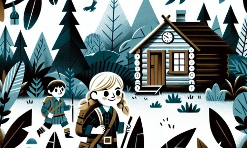 Une illustration destinée aux enfants représentant une petite fille intrépide, accompagnée de ses amis, découvrant une mystérieuse cabane cachée au cœur d'une forêt luxuriante, dans laquelle se cache un sombre secret.