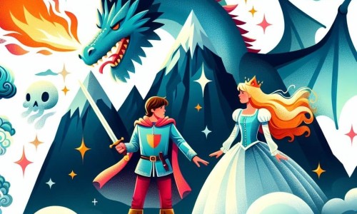 Une illustration destinée aux enfants représentant un prince courageux se tenant face à un dragon cracheur de feu, accompagné d'une princesse étincelante, au sommet d'une montagne escarpée enveloppée de brumes mystérieuses.