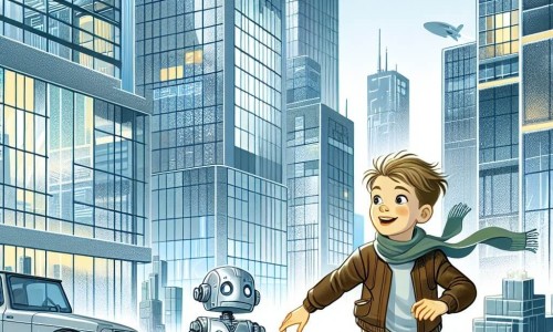 Une illustration destinée aux enfants représentant un jeune garçon intrépide vivant dans une Cité d'Argentium futuriste, accompagné d'un androïde abandonné, évoluant au milieu de gratte-ciels scintillants aux parois translucides et de voitures volantes.