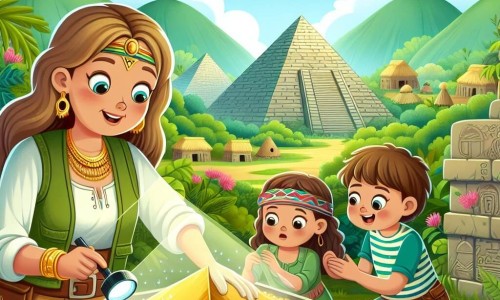 Une illustration destinée aux enfants représentant une archéologue passionnée découvrant un trésor dans une pyramide mystérieuse, accompagnée de deux enfants curieux, dans un village verdoyant entouré de collines et de jungles luxuriantes.