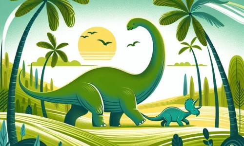 Une illustration destinée aux enfants représentant un gentil diplodocus partant à l'aventure avec un bébé tricératops égaré dans une vaste forêt verdoyante aux palmiers balançant doucement au gré du vent.