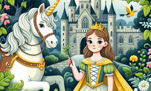 Une illustration destinée aux enfants représentant une princesse courageuse se tenant devant un palais enchanté recouvert de lianes, accompagnée d'une licorne majestueuse, dans un royaume lointain rempli de mystères et de créatures magiques.