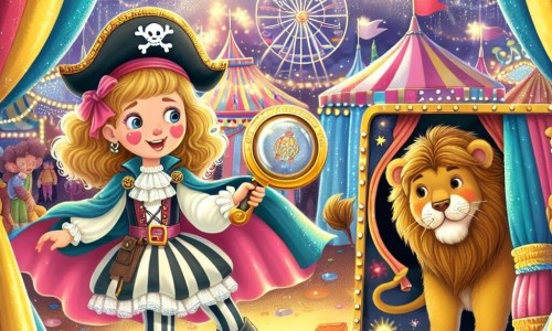 Une illustration destinée aux enfants représentant une jeune fille déguisée en princesse pirate, explorant un mystère avec son ami lion en costume de clown, dans un chapiteau chatoyant au cœur d'un carnaval coloré.
