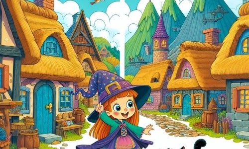 Une illustration destinée aux enfants représentant une jeune apprentie sorcière espiègle, un chat noir farceur, dans un petit village entouré de grandes montagnes aux toits de chaume et aux ruelles pavées, où la magie opère avec humour et enchantement.