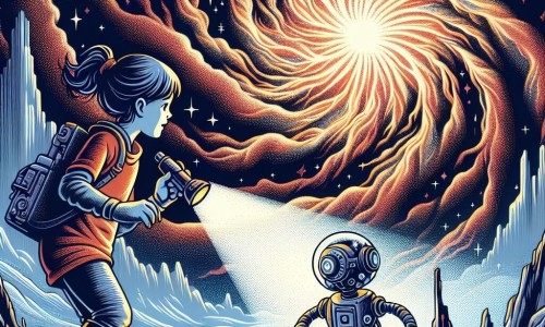 Une illustration destinée aux enfants représentant une jeune femme intrépide explorant un champ d'énergie mystérieux avec l'aide bienveillante d'un robot compagnon, dans un décor futuriste où des nébuleuses tournoient autour d'une étoile mourante, créant un spectacle magnifique et troublant.