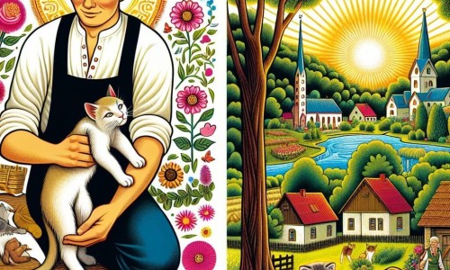 Une illustration destinée aux enfants représentant un homme au grand cœur, un chaton blessé, un jardin ensoleillé rempli de fleurs colorées et d'arbres majestueux, et une petite ville paisible au cœur de la campagne.