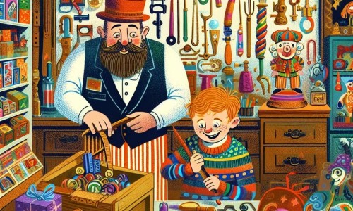 Une illustration destinée aux enfants représentant un jeune garçon préparant un cadeau farfelu pour son père, avec l'aide d'un vendeur excentrique, dans un magasin de farces et attrapes coloré et rempli de gadgets loufoques.