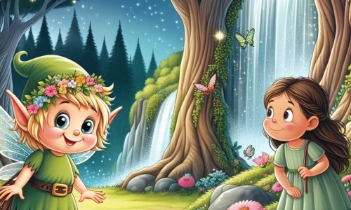 Une illustration destinée aux enfants représentant un lutin espiègle aux yeux pétillants rencontrant une jeune fille curieuse dans une clairière enchantée, entourée d'arbres majestueux, de fleurs colorées et d'une cascade scintillante.