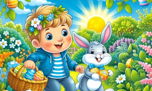 Une illustration destinée aux enfants représentant un garçon énergique et curieux vivant une chasse aux œufs de Pâques magique avec un Lapin de Pâques en costume bleu et blanc, dans un jardin ensoleillé rempli d'arbres fruitiers et de buissons fleuris.