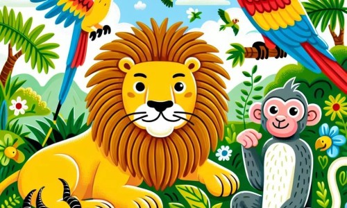 Une illustration destinée aux enfants représentant un lion courageux, une gazelle rapide, un singe espiègle et un perroquet bavard, évoluant dans une savane luxuriante et colorée.