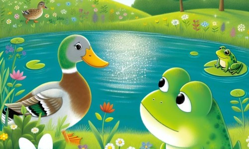 Une illustration destinée aux enfants représentant un canard curieux, une grenouille triste, et une prairie verdoyante avec un étang scintillant.