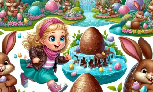 Une illustration destinée aux enfants représentant une fillette espiègle en quête d'œufs en chocolat, suivant un lapin facétieux à travers un parc enchanté orné de lapins en chocolat géants, de fleurs parfumées et de fontaines en forme d'œufs géants.
