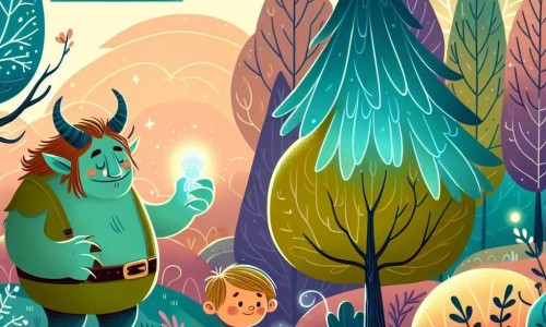 Une illustration destinée aux enfants représentant un ogre gentil et bienveillant, un petit garçon curieux, une forêt enchantée aux arbres aux feuilles lumineuses et aux couleurs éclatantes, où se déroule une aventure magique.