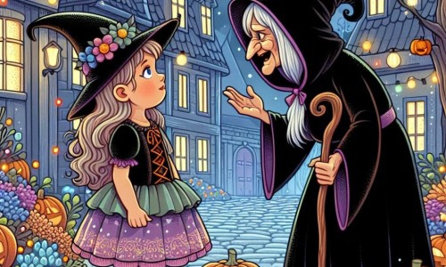 Une illustration destinée aux enfants représentant une petite fille déguisée en sorcière, faisant face à une mystérieuse vieille dame encapuchonnée, dans les rues animées et décorées de Sorcellerie-sur-Bois la nuit d'Halloween.