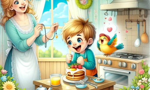 Une illustration destinée aux enfants représentant un jeune garçon enthousiaste préparant un petit déjeuner surprise pour sa maman adorée, avec l'aide complice d'un petit oiseau chanteur, dans une cuisine lumineuse et colorée décorée de guirlandes de fleurs printanières.