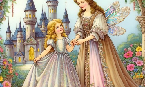 Une illustration destinée aux enfants représentant une jeune fille au doux visage, vêtue d'une robe scintillante, aidée par une marraine fée bienveillante, dans un château enchanté aux tours ornées de guirlandes de fleurs multicolores.