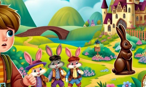 Une illustration destinée aux enfants représentant un jeune garçon curieux et aventurier menant l'enquête sur des lapins en chocolat mystérieux, accompagné de ses amis, dans le village enchanteur de Fleur de Pâques, avec des champs de fleurs colorées et un château en chocolat.