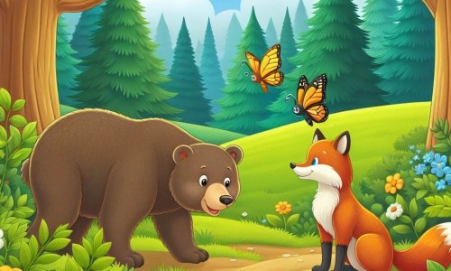 Une illustration destinée aux enfants représentant une ourse curieuse, une rencontre avec un papillon doré et un renard rusé, dans une forêt verdoyante aux arbres majestueux et aux clairières fleuries.