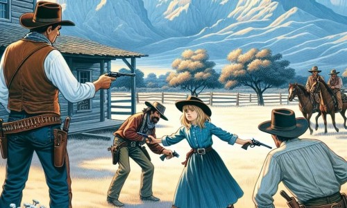 Une illustration destinée aux enfants représentant une jeune cow-girl intrépide affrontant des bandits dans un ranch isolé au cœur des grandes plaines de l'Ouest sauvage, sous le regard bienveillant de son grand-père, un ancien shérif respecté.