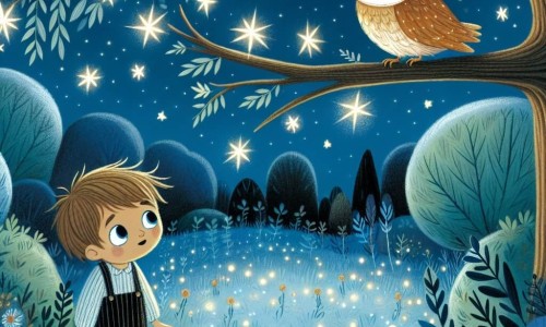 Une illustration destinée aux enfants représentant un petit garçon, perdu dans l'obscurité de sa chambre la nuit, rencontrant un hibou sage perché sur une branche d'arbre, dans un décor de prairie enchantée illuminée par des étoiles scintillantes.