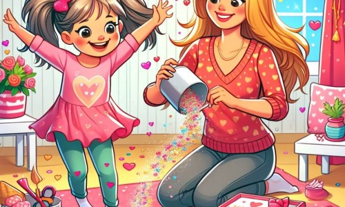 Une illustration destinée aux enfants représentant une fillette pleine d'énergie préparant une surprise pour sa famille pour la Saint-Valentin, avec sa maman comme personnage secondaire, dans une chambre colorée remplie de cœurs et de paillettes.