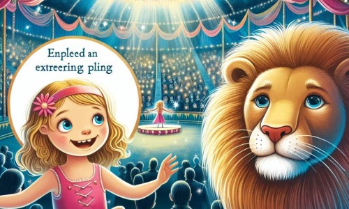 Une illustration destinée aux enfants représentant une jeune fille pleine d'émerveillement et d'audace, découvrant un cirque extraordinaire où elle se lie d'amitié avec un lion malicieux, dans un lieu magique rempli de lumières chatoyantes et d'odeurs sucrées, où la piste centrale est entourée de spectateurs ébahis.