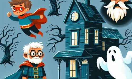 Une illustration destinée aux enfants représentant un garçon déguisé en super-héros intrépide, une maison hantée mystérieuse, un vieil homme en fantôme bienveillant, dans une maison sombre aux volets grinçants et aux arbres noueux agités par le vent.