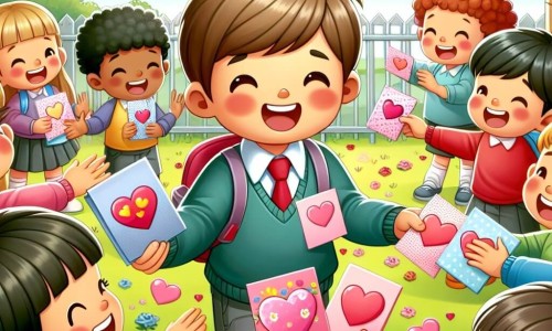 Une illustration destinée aux enfants représentant un petit garçon plein d'énergie le jour de la Saint-Valentin, distribuant des cartes colorées à ses amis à l'école, entouré de camarades enthousiastes, dans une cour de récréation ensoleillée ornée de cœurs et de fleurs.