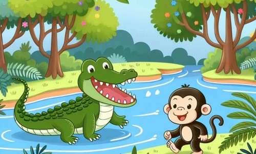 Une illustration destinée aux enfants représentant un crocodile rieur se promenant le long d'une rivière, accompagné d'un singe curieux, dans une forêt luxuriante aux arbres touffus et aux fleurs multicolores.