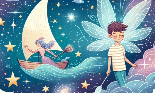 Une illustration destinée aux enfants représentant un jeune homme rêveur, accompagné d'une Fée aux ailes scintillantes, voguant à travers un firmament étoilé parsemé de galaxies chatoyantes et de nébuleuses scintillantes.