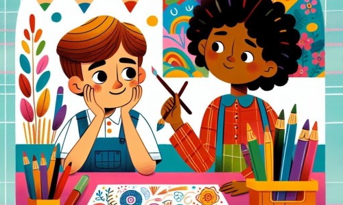 Une illustration destinée aux enfants représentant un garçon timide et curieux faisant face à un défi de dessin avec l'aide d'une fille confiante et créative, dans une salle de classe colorée et lumineuse remplie de fournitures artistiques.