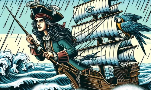 Une illustration destinée aux enfants représentant une courageuse capitaine pirate (femme) affrontant une tempête sur son navire, accompagnée de son fidèle perroquet (garçon), voguant à travers des mers tumultueuses aux vagues déferlantes et au ciel déchiré par l'orage.